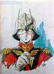  1boy char_aznable gloves gundam helmet highres mask military_uniform mobile_suit_gundam official_art pointing uniform yasuhiko_yoshikazu 