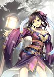  black_hair breasts cleavage collarbone flower hair_flower hair_ornament hair_rings jacket japanese_clothes jonylaser kimono lamp large_breasts long_sleeves obi off_shoulder open_clothes open_mouth purple_eyes sangokushi_taisen sash smile solo wide_sleeves 