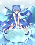  ankle_socks bad_id bad_pixiv_id blue_dress blue_eyes blue_hair blue_scarf cirno dress energy_ball hair_ribbon hands_together highres ice legs_apart light_particles light_trail looking_at_viewer mary_janes open_mouth ribbon scarf shoes short_hair short_sleeves solo syumya_(syakuku15mon) touhou wings 