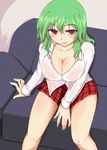  alternate_costume arm_support bare_legs blouse blush breasts cleavage collarbone couch covered_nipples from_above green_hair he_(eve) kazami_yuuka large_breasts looking_at_viewer miniskirt nipples red_eyes see-through short_hair skirt solo touhou white_blouse 