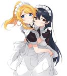  apron ayase_eli blonde_hair blue_eyes blue_hair blush brown_eyes dress embarrassed long_hair love_live! love_live!_school_idol_project maid maid_apron maid_headdress multiple_girls ponytail smile sonoda_umi tears totoki86 wonder_zone 