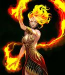  artist_request bare_shoulders black_background blonde_hair breasts chaos_online earrings fire jewelry kali_(chaos_online) large_breasts long_hair looking_at_viewer official_art solo yellow_eyes 
