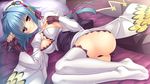  1girl areolae ass bed blue_hair blush breasts chouun feet female fingerless_gloves game_cg gloves highres hikage_eiji katagiri_hinata koihime_musou large_breasts legs lying nipple_slip nipples on_side panties pillow pink_eyes short_hair smile solo thighs underwear white_legwear 