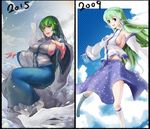  armpits artist_progress blue_skirt breasts detached_sleeves frog_hair_ornament green_eyes green_hair hair_ornament impossible_clothes kochiya_sanae large_breasts long_hair looking_at_viewer open_mouth pandea_work sideboob skirt skirt_set snake_hair_ornament solo touhou wide_sleeves 