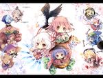  6+girls ajirogasa backpack bag bandages bird black_hair blonde_hair blue_eyes blue_hair blush bow bowl brown_hair bun_cover chibi chinese_clothes cross-laced_clothes cuffs double_bun dress earmuffs fan feathers flower folding_fan fox_mask fujiwara_no_mokou futatsuiwa_mamizou glasses gradient_hair grey_hair hair_bow hair_ribbon hakurei_reimu hat hata_no_kokoro hawk heart heart_of_string hijiri_byakuren holding_needle hood ibaraki_kasen japanese_clothes jewelry kawashiro_nitori kimono kirisame_marisa komeiji_koishi kumoi_ichirin layered_dress letterboxed long_hair mask minigirl mononobe_no_futo multicolored_hair multiple_girls needle notebook obi open_mouth paper_fan parody pink_eyes pink_hair piyokichi plate ponytail puffy_short_sleeves puffy_sleeves purple_eyes purple_hair raccoon_tail red_eyes ribbon ring rose sash shirt short_hair short_sleeves silver_hair skirt sleeveless smile sorcerer's_sutra_scroll style_parody sukuna_shinmyoumaru suspenders tabard tail tate_eboshi tiger torn_clothes torn_sleeves touhou toyosatomimi_no_miko two_side_up unzan urban_legend_in_limbo vajra_(object) very_long_hair wrench yellow_eyes yin_yang 