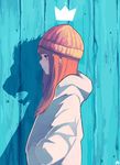  bags_under_eyes bangs beanie blue_background blunt_bangs brown_hair crown different_shadow from_side grey_eyes hands_in_pockets hat highres hood hood_down hoodie lion long_hair looking_away nanakawa_(nanasoon) original pensive profile solo upper_body 