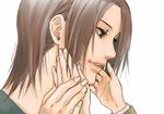  brown_hair close-up face ganyapin hands parted_lips shingeki_no_kyojin short_hair signature touching ymir_(shingeki_no_kyojin) 