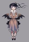  belt black_hair bloomers blue_eyes demon_wings dress grey_background hands_on_own_face lazuri7 light_frown looking_at_viewer original shoe_ribbon short_hair simple_background sleeves_past_wrists solo twintails underwear wings 