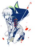  cape green_eyes hat hat_removed headwear_removed hotarumaru male_focus ootachi partially_colored petals ringo_ame shorts smile solo squatting sword torn_clothes touken_ranbu weapon 