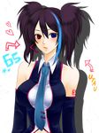  bad_id bad_pixiv_id black_hair blue_eyes blue_hair blue_neckwear breasts copyright_name detached_sleeves directional_arrow headset heart heterochromia highlights large_breasts multicolored_hair necktie nez-doll red_eyes shadow solo tattoo twintails utau yokune_ruko 