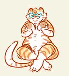  anthro areola breast_fondling breasts claws crossed_legs eyes_closed eyewear feline female fondling fur glasses mammal navel nipples nude obese orange_fur overweight plain_background pubes qorm sitting smile solo stripes tiger tuft white_fur 