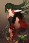  black_legwear blood blood_drip blood_splatter buttons cuff_links green_hair head_rest highres kneehighs knees_to_chest light_smile long_hair looking_at_viewer lyrah777 nail_polish ningen_series niounomiya_izumu pleated_skirt red_nails red_skirt school_uniform serafuku skirt sleeve_cuffs smile solo thighs very_long_hair yellow_eyes zaregoto_series 