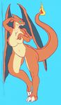  anthro anthrofied big_breasts blue_background breasts charizard cigarette elkcip145 female mega_charizard mega_charizard_y mega_evolution nintendo plain_background pok&eacute;mon solo video_games wide_hips wings 