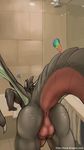  2015 anthro anus backsack bad_dragon balls bathroom bent_over black_scales butt dildo dragon duke_(bad_dragon) evalion horn male penis perineum presenting presenting_hindquarters raised_tail rear_view scalie sex_toy shower solo wings 