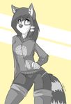  canine clothed clothing derpah female fluffy_tail hair hand_on_hip long_hair mammal marble_soda monochrome rikki smile solo standing wolf 