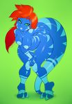  2015 anthro areola argento bent_over big_butt blue_lips blue_nipples blue_skin breasts butt claws female green_eyes hair hindpaw lips lizard long_hair looking_at_viewer nipples nude paws red_hair reptile scalie smile solo stripes thick_thighs wide_hips 