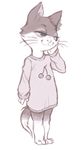  animal_crossing anthro barefoot blush cat clothing crookedtrees feline fur greyscale half-closed_eyes looking_away male mammal monochrome nintendo plain_background punchy_(animal_crossing) shirt smile solo standing video_games whiskers white_background 