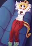  2015 anthro blonde_hair blue_eyes bow clothing equine female hair horn horse long_hair looking_at_viewer lying mammal midriff navel on_back pants pastelletta pillow pony shirt slippers smile sofa solo unicorn white_skin 