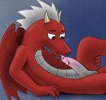  anthro autofellatio balls black_eyes claws dragon erection horn licking lying male masturbation open_mouth oral penis plain_background red_skin reptile scalie solo tongue tongue_out wings 