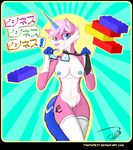  2015 anthro blue_eyes breasts cat clothing eyewear feline female fur glasses gloves hair horn hybrid japanese_text lego looking_at_viewer mammal markings necktie nipples nude pink_fur pink_hair pussy seductive signature smile socks solo text the_lego_movie thefishe77 tongue unikitty 