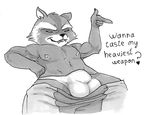  anthro balls black_and_white bulge clothing dialogue english_text glitter_trap_boy guardians_of_the_galaxy looking_at_viewer lying male mammal monochrome muscles nipples on_back pants pants_down pecs penis pinup pointing pose raccoon reclining rocket_raccoon sharp_teeth solo talking_to_viewer teeth text thong toned 
