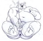  anthro anus balls bear belly butt chest_tuft cum erection eyebrows eyes_closed feet fur greyscale hairy long_penis male mammal masturbation monochrome navel nipple_play nipples nude obese open_mouth orgasm osos overweight penis plain_background sitting solo teeth thick_eyebrows tongue tuft white_background 