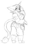  boots cat ear_piercing feline female higoro kemono mammal military_uniform monochrome piercing solider solo wave 