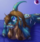 2015 anthro big_breasts breasts cum cum_on_face female hair inverted_nipples looking_at_viewer messy naga nipples nude pheonixbat plain_background reptile scalie snake solo 