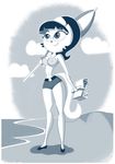 bikini black_hair cat cleavage clothed clothing davetoons feline female hair headband kitty_katswell mammal monochrome parasol shorts solo swimsuit t.u.f.f._puppy thick_thighs wide_hips 