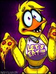  animatronic chica_(fnaf) female five_nights_at_freddy&#039;s food machine mechanical pizza purple_eyes robot video_games 