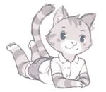  animal_crossing anthro barefoot blush butt cat clothing crookedtrees cute facial_markings feline female fur greyscale hindpaw lolly_(animal_crossing) looking_at_viewer lying mammal markings monochrome nintendo on_front paws plain_background raised_tail shirt shorts smile solo stripes video_games white_background 