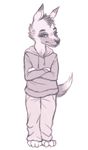  animal_crossing anthro barefoot canine clothed clothing crookedtrees crossed_arms facial_markings fur greyscale half-closed_eyes hoodie kyle_(animal_crossing) looking_at_viewer male mammal markings monochrome nintendo pants solo teeth tuft video_games wolf 