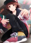  :3 black_pants brown_eyes brown_hair commentary_request eyebrows_visible_through_hair hat idolmaster idolmaster_million_live! kneeling looking_at_viewer multicolored multicolored_footwear nonohara_akane pants ro_risu shoes short_hair solo star 