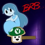  blue_hair blue_skin cardboard english_text female ghost hair knoxrobbins looking_at_viewer mushroom not_furry sitting smile specimen_1 spirit spooky&#039;s_house_of_jump_scares spooky_(shojs) text vinesauce 