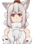  albino animal_ears bare_shoulders detached_sleeves hat inubashiri_momiji long_sleeves looking_at_viewer pom_pom_(clothes) red_eyes shirt short_hair simple_background solo string terimayo tokin_hat touhou turtleneck upper_body white_background white_hair wolf_ears 