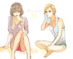  annie_leonhardt bare_legs blonde_hair brown_hair food full_body half-closed_eyes hitch_dreyse indian_style multiple_girls panties pantyshot pantyshot_(sitting) popsicle shingeki_no_kyojin shirt short_hair sitting t-shirt tank_top towel towel_around_neck underwear yume_(ymym_62) 