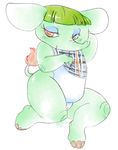 2013 animal_crossing anthro belly big_ears bottomless clothed clothing elephant female green_hair hair half-dressed hooves mammal muura nintendo opal_(animal_crossing) overweight plaid pussy shirt solo trunk video_games 