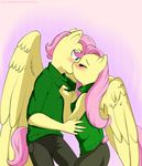  2012 anthro anthrofied blue_eyes blush chicasonic clothing crossgender duo equine eyes_clsoed female fluttershy_(mlp) friendship_is_magic hair kissing male mammal my_little_pony pegasus pink_hair sweater wings 