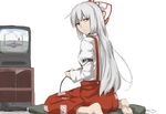  albino back barefoot bow fujiwara_no_mokou hair_bow hair_ornament long_hair long_sleeves looking_at_viewer looking_back pants playing_games puffy_sleeves red_eyes shirt simple_background solo television terimayo touhou video_game white_background white_hair 
