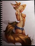 anthro breasts canine clothed clothing female half-dressed looking_at_viewer mammal notebook photo skimpy solo topless traditional_media_(artwork) vexstacy 