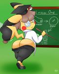  anthro anthrofied butt chalkboard classroom clothed clothing cosplay_pikachu eyewear female glasses graduation_hat hat kirbot12 looking_at_viewer looking_back nintendo pikachu pikachu_ph._d pok&eacute;mon smile solo standing video_games 