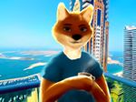  2015 ambiguous_gender anthro balcony beach canine city clothed clothing coffee fox fur hair looking_at_viewer mammal open_mouth orange_fur outside scenery sea seaside skymafia smile solo water 