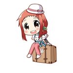  &gt;_&lt; :d blush bow brown_eyes bunny chibi closed_eyes commentary_request gloves harumi_kajika hat hat_bow looking_at_viewer minami_(colorful_palette) open_mouth pantyhose pink_legwear ponytail red_hair ribbon simple_background sitting smile solo suitcase tokyo_7th_sisters white_background 