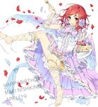 angel_wings ankle_lace-up barefoot cake cross-laced_footwear flower food frills happy_birthday highres leg_garter love_live! love_live!_school_idol_project nishikino_maki open_mouth petals purple_eyes red_hair short_hair smile solo too_many too_many_frills wings yana_mori 