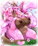  anthro big_breasts blush breasts cherry_blossom chubby dragon female flora_fauna flower flower_in_hair hair huge_breasts kneeling long_hair looking_at_viewer mammal nipples nude pink_eyes pink_hair plant pussy solo wings ymbk 
