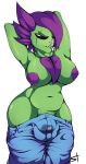  2018 absurd_res alien big_breasts breasts bulge clothed clothing cum dickgirl digital_media_(artwork) dustbiter_(hurricane) flora_fauna floran hair hi_res humanoid intersex looking_at_viewer nipples not_furry plant raised_arm scar smile solo standing standing_tough starbound topless video_games 