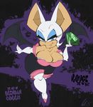  abstract_background anthro bat big_breasts big_butt big_ears black_nose blue_eyes bodysuit boots breasts brendan_corris butt chaos_emerald cleavage clothed clothing eyelashes female gem gloves heel_boots high_heels looking_at_viewer mammal pointy_ears rouge_the_bat rubber skinsuit smile sonic_(series) suit video_games voluptuous wide_hips wings 