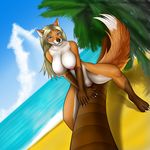  2015 absurd_res anthro big_breasts breasts canine cyan_eyes female fox hi_res looking_at_viewer mammal nipples nude paintchaser pussy solo tree 