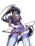  absurdres antenna_hair arrow black_hair bow_(weapon) breasts cowboy_shot high_ponytail high_school_dxd highres himejima_akeno holding holding_arrow holding_bow_(weapon) holding_weapon large_breasts long_hair official_art pauldrons red_eyes simple_background solo very_long_hair weapon white_background 