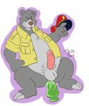  2015 anal anal_insertion anal_penetration anthro balls baloo bear bottomless celestial chubby clothed clothing dildo disney erection half-dressed hat humanoid_penis insertion jacket lube male mammal open_mouth penetration penis reclining sex_toy sheath signature solo spread_legs spreading sweat sweatdrop talespin 